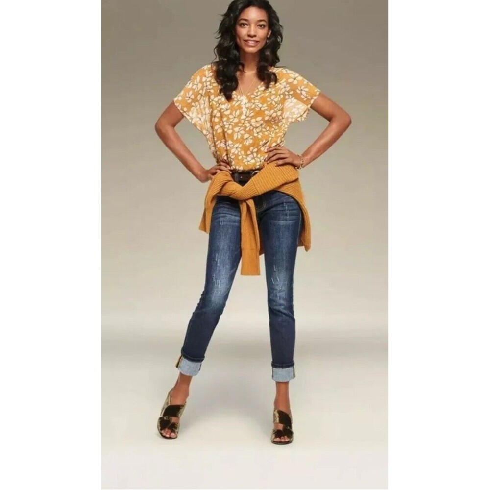 NWT Cabi  M Thrive Blouse Butterscotch Yellow Floral short sleeves sheer blouse
